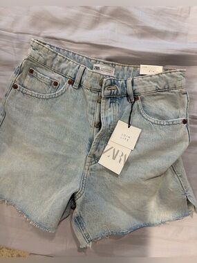 Zara Light Blue Relaxed Womens Shorts - Button Fly